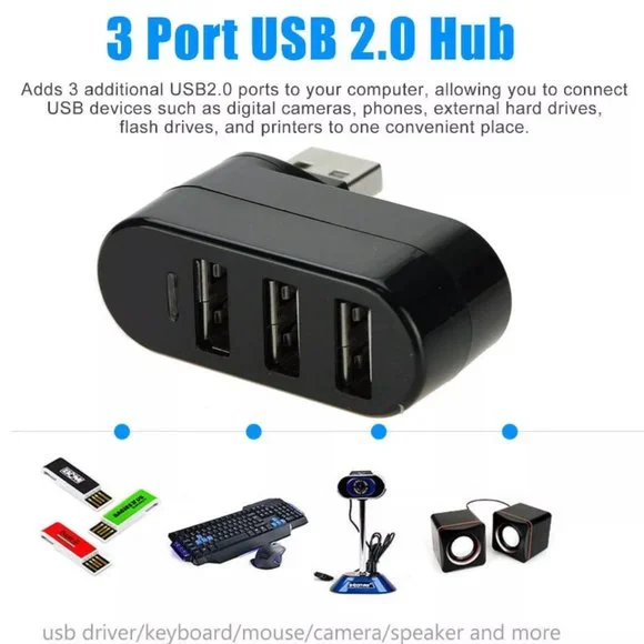 The Perfect Part Mini 3-Port USB 3.0 Hub – Rotating Design – High Speed Data Splitter For PC/Laptop – Black